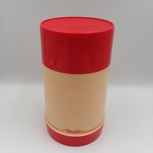 Vintage‎ Aladdin Wide Mouth Pint Thermos Insulated Container Red Beige 7.5"x4"